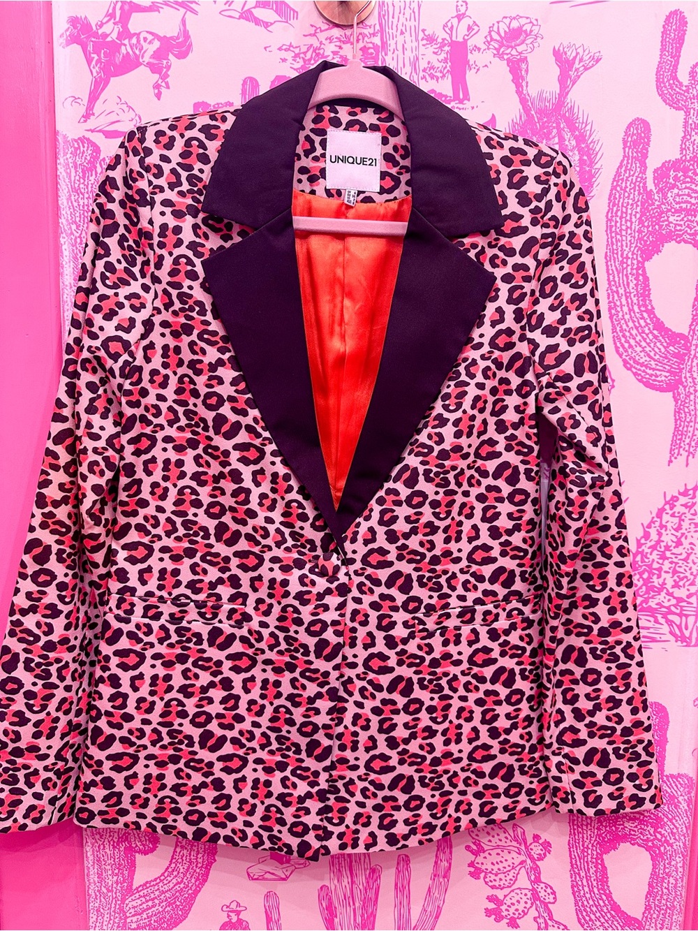 UNIQUE21 Pink Leopard Print Blazer with Black Lapel